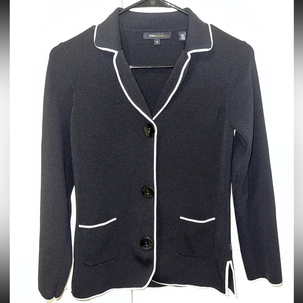BCBG MaxAzria Knit Blazer Size S Black 3 Button Cardigan Patch Pockets